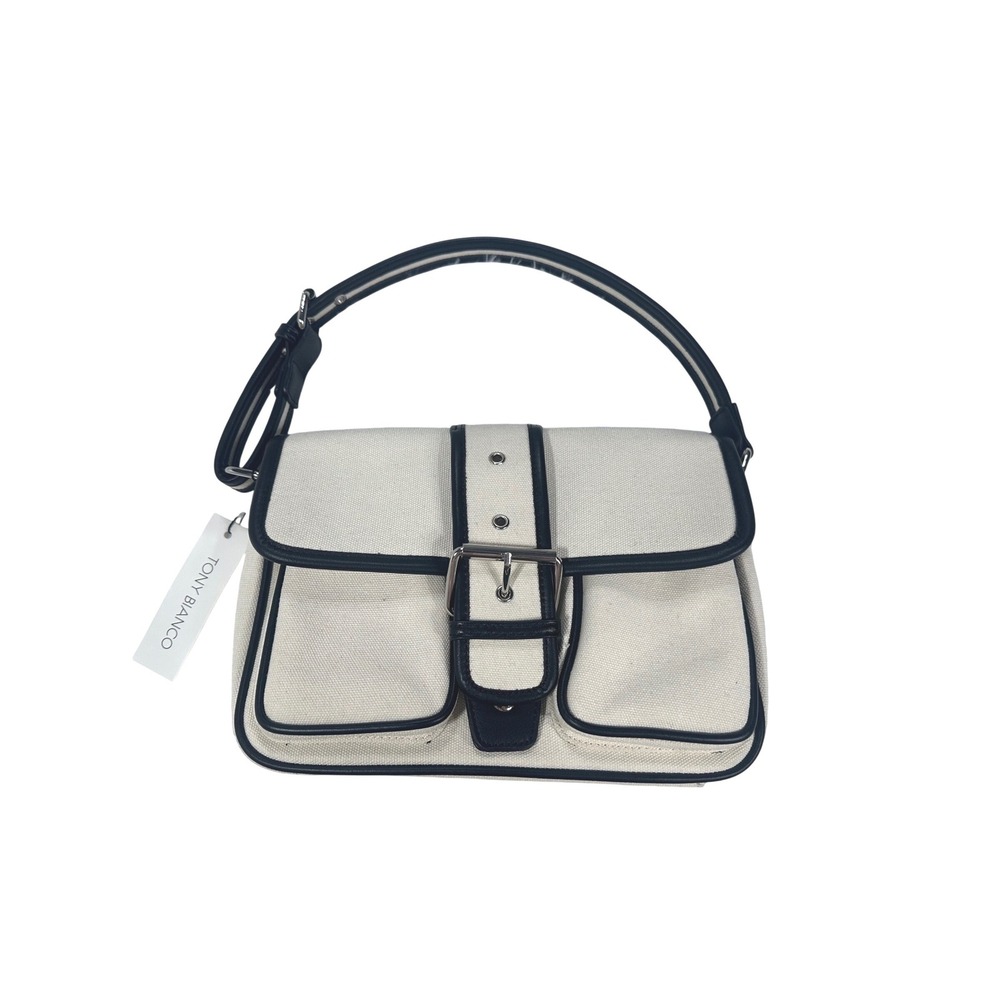 Tony Bianco Coconut Canvas Black Trim Buckle Shoulder Bag NEW